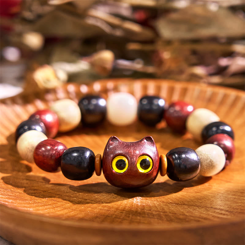 Pulsera de protección con piedras de Buda, hoja pequeña, sándalo rojo, madera de ébano y gato grabado