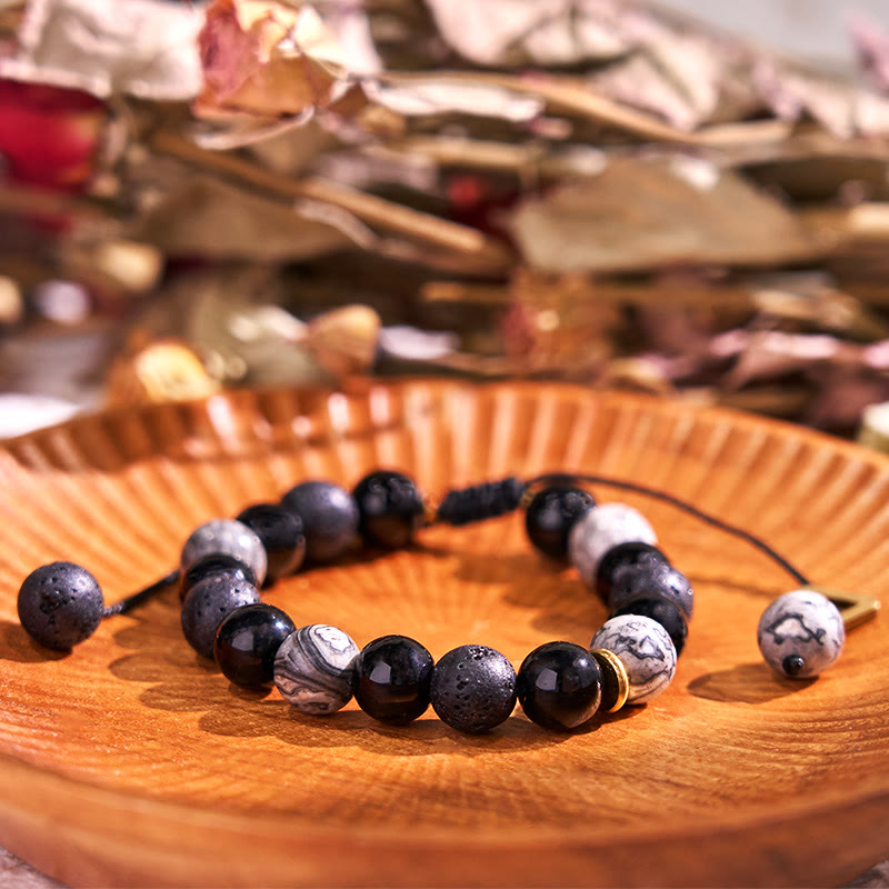 Pulsera de piedra de lava de obsidiana negra con piedras de Buda y fuerza Yin Yang