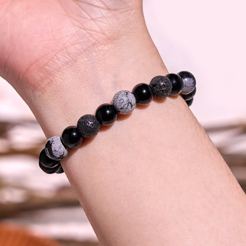 Pulsera de piedra de lava de obsidiana negra con piedras de Buda y fuerza Yin Yang