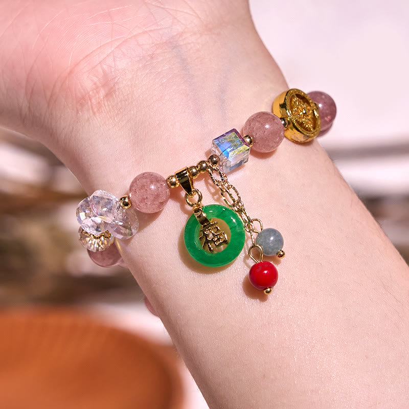 Pulsera curativa con dijes de jade fu y cuarzo fresa de Buda
