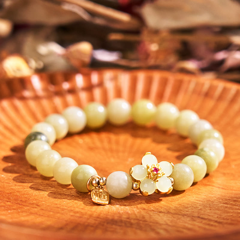 Pulsera de la suerte con amuleto de la suerte con flor de jade verde y piedras de Buda