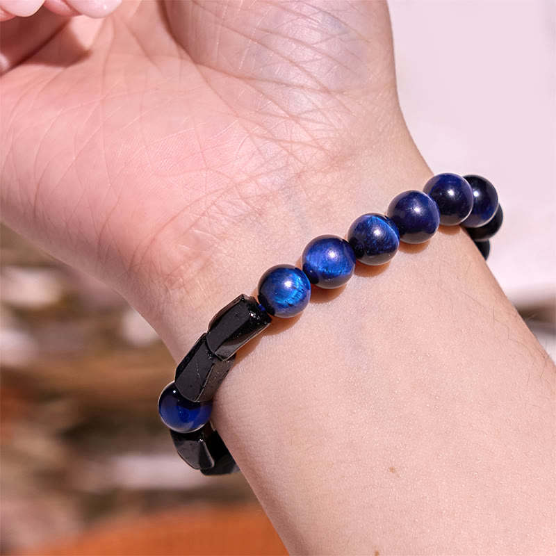 Pulsera de fuerza con turmalina negra y ojo de tigre azul de Buddha Stones
