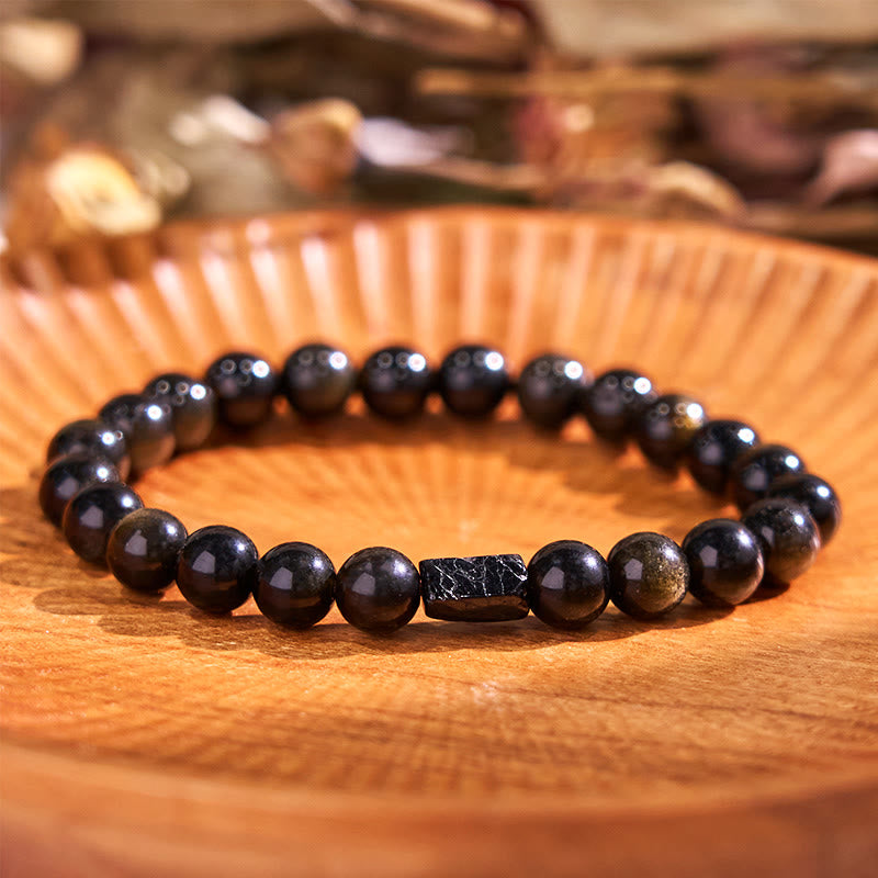 Buddha Stones Gold Sheen Obsidian Schwarzer Turmalin Reichtum Armband