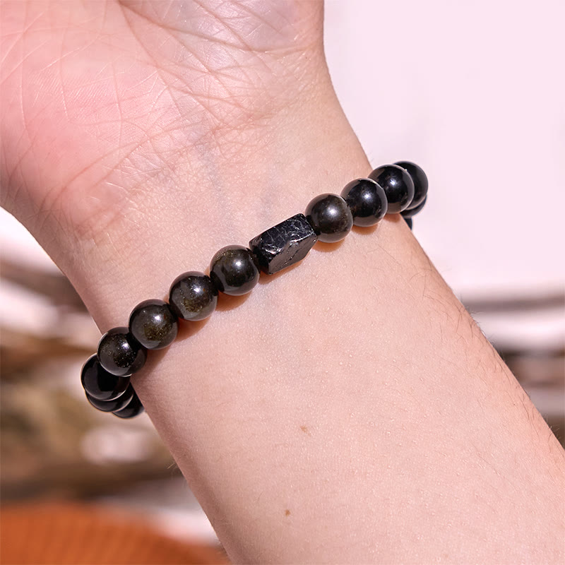 Buddha Stones Gold Sheen Obsidian Schwarzer Turmalin Reichtum Armband