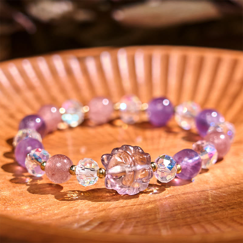 Pulsera de meditación con piedras de Buda, amatista, cuarzo fresa, cristal blanco y zorro de nueve colas