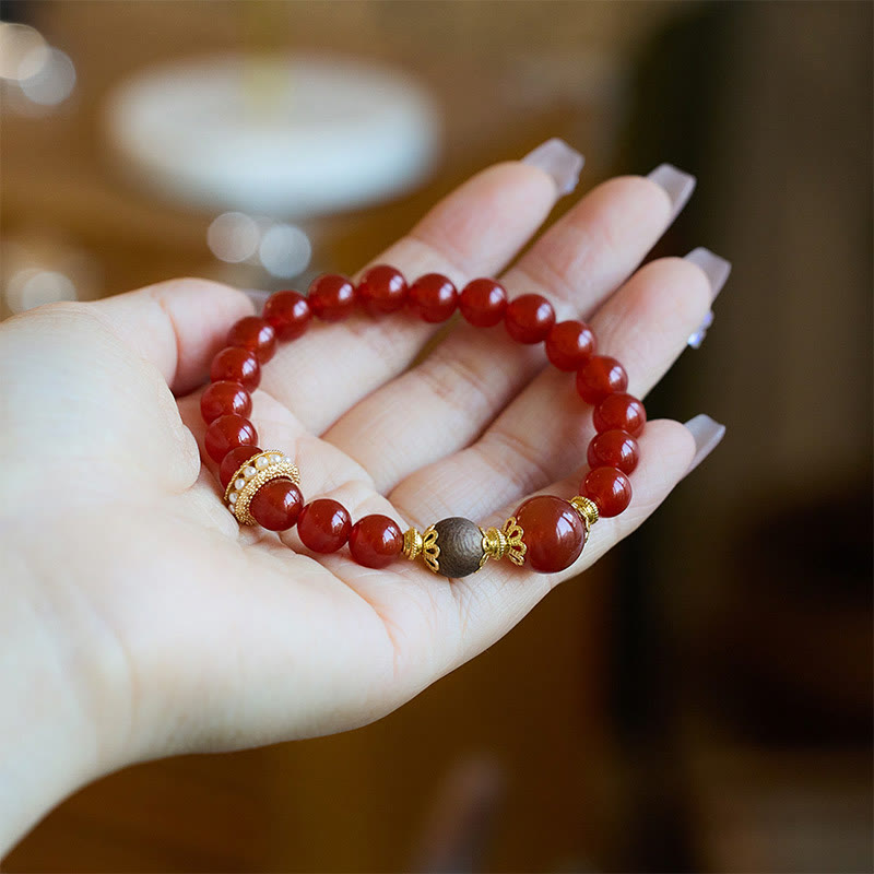 Pulsera de confianza de ágata roja y madera de agar con piedras de Buda