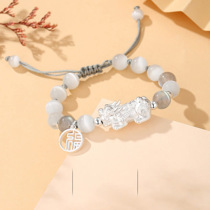 Pulsera de la suerte con seis palabras verdaderas de Buddha Stones Pi Xiu, plata de ley 999, obsidiana negra, turquesa blanca y crisoberilo