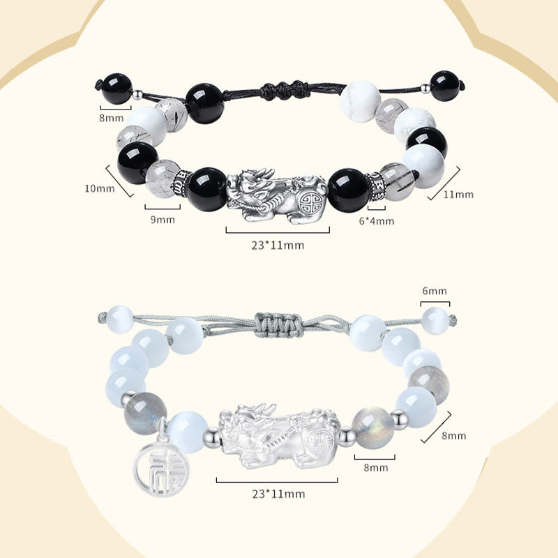 Pulsera de la suerte con seis palabras verdaderas de Buddha Stones Pi Xiu, plata de ley 999, obsidiana negra, turquesa blanca y crisoberilo
