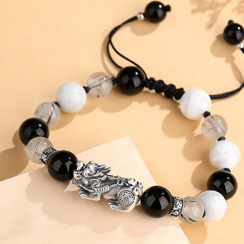 Pulsera de la suerte con seis palabras verdaderas de Buddha Stones Pi Xiu, plata de ley 999, obsidiana negra, turquesa blanca y crisoberilo
