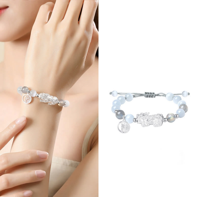 Pulsera de la suerte con seis palabras verdaderas de Buddha Stones Pi Xiu, plata de ley 999, obsidiana negra, turquesa blanca y crisoberilo