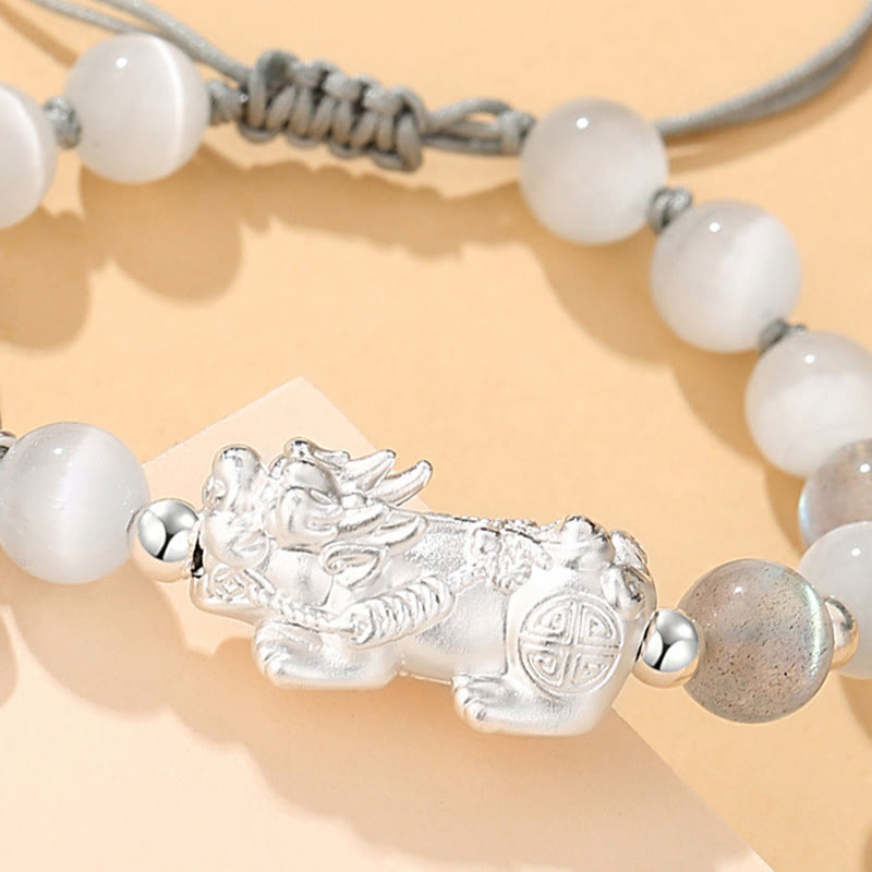 Pulsera de la suerte con seis palabras verdaderas de Buddha Stones Pi Xiu, plata de ley 999, obsidiana negra, turquesa blanca y crisoberilo
