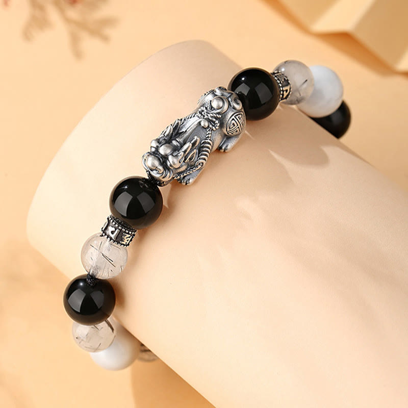 Pulsera de la suerte con seis palabras verdaderas de Buddha Stones Pi Xiu, plata de ley 999, obsidiana negra, turquesa blanca y crisoberilo