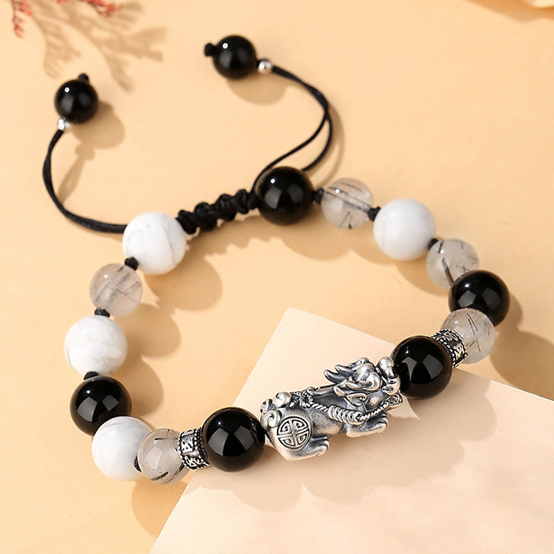 Pulsera de la suerte con seis palabras verdaderas de Buddha Stones Pi Xiu, plata de ley 999, obsidiana negra, turquesa blanca y crisoberilo