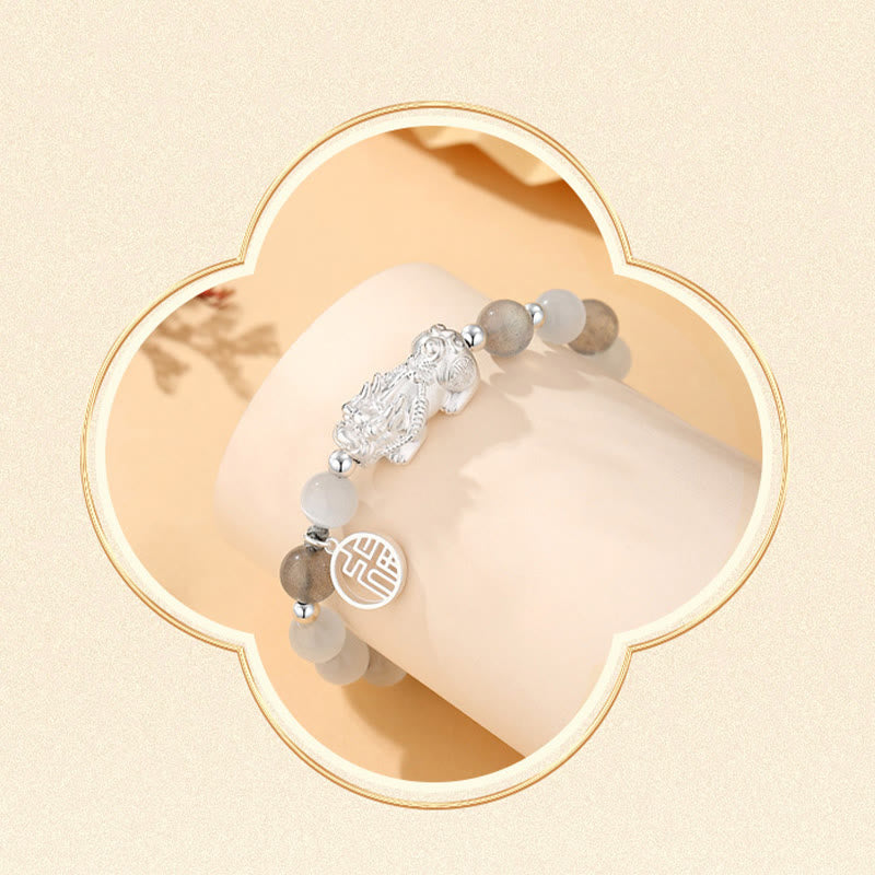 Pulsera de la suerte con seis palabras verdaderas de Buddha Stones Pi Xiu, plata de ley 999, obsidiana negra, turquesa blanca y crisoberilo