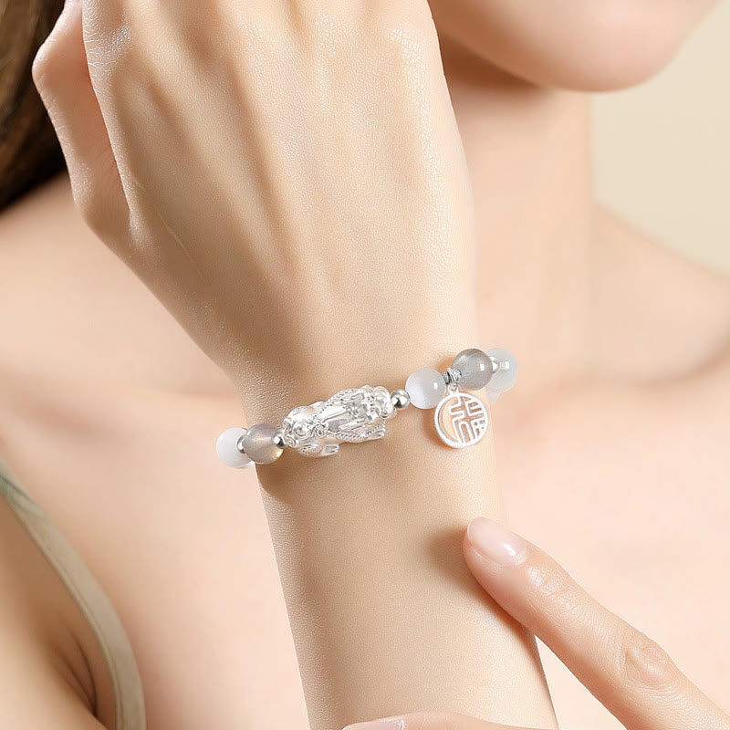 Pulsera de la suerte con seis palabras verdaderas de Buddha Stones Pi Xiu, plata de ley 999, obsidiana negra, turquesa blanca y crisoberilo