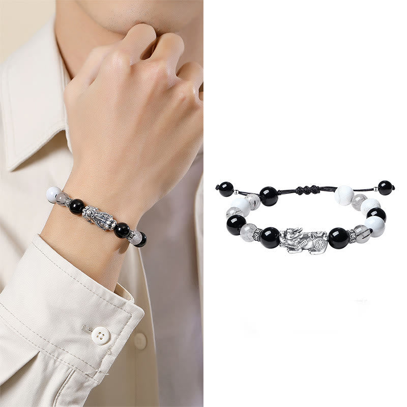 Pulsera de la suerte con seis palabras verdaderas de Buddha Stones Pi Xiu, plata de ley 999, obsidiana negra, turquesa blanca y crisoberilo