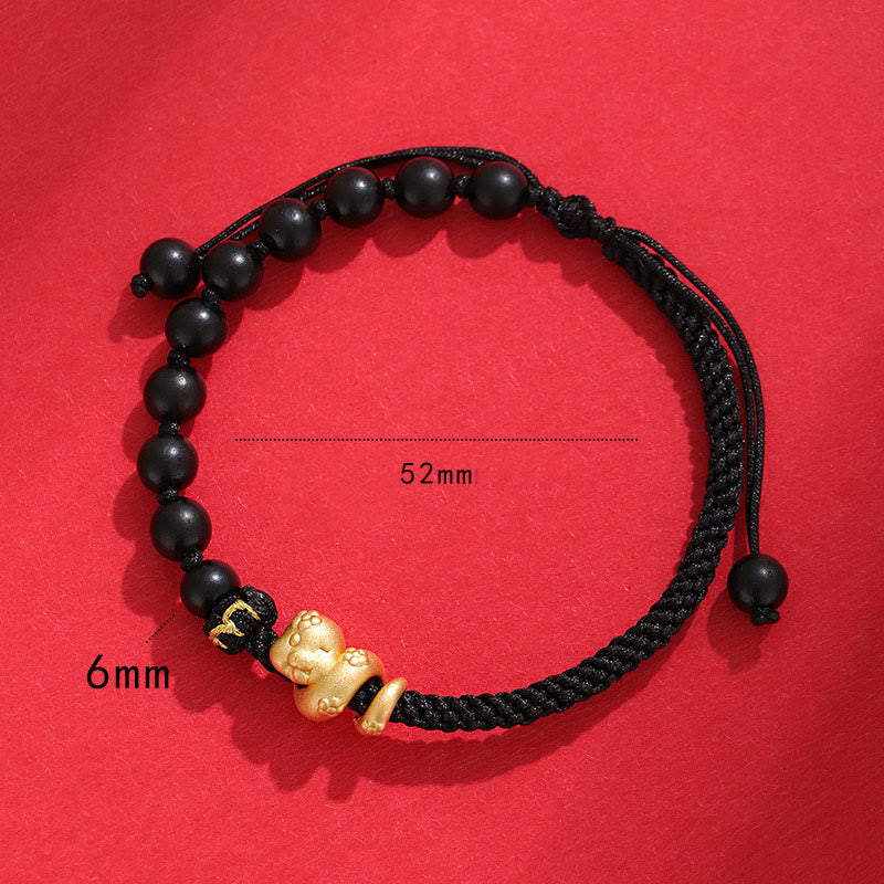 Pulsera trenzada de cuerda de algodón con cuentas de madera de ébano y sándalo rojo de hoja pequeña de Buda, año de la serpiente 999.