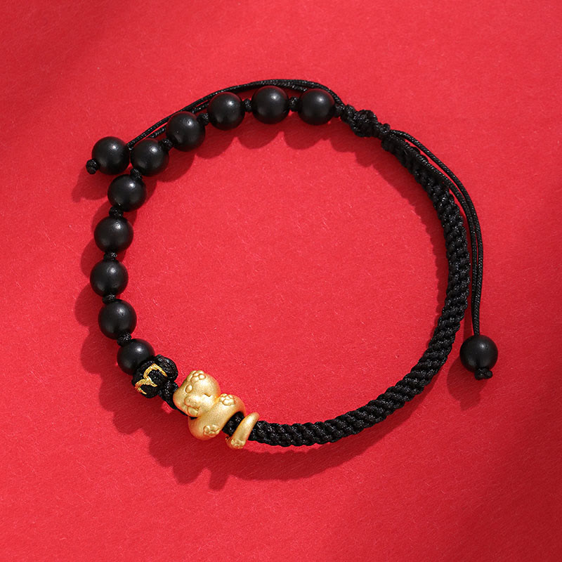 Pulsera trenzada de cuerda de algodón con cuentas de madera de ébano y sándalo rojo de hoja pequeña de Buda, año de la serpiente 999.
