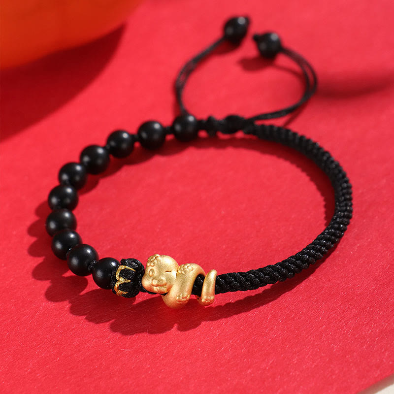 Pulsera trenzada de cuerda de algodón con cuentas de madera de ébano y sándalo rojo de hoja pequeña de Buda, año de la serpiente 999.