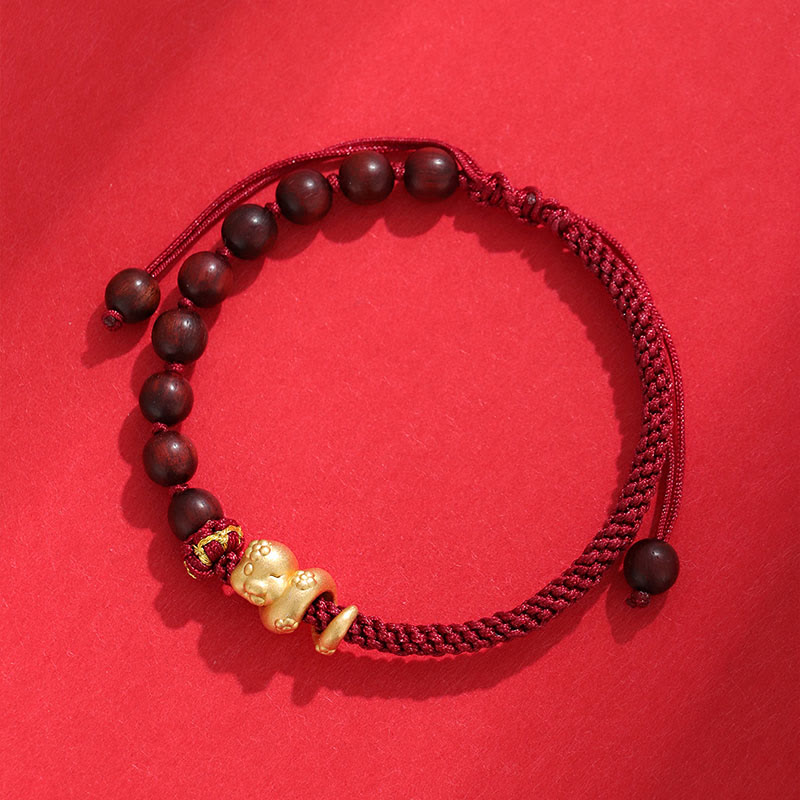 Pulsera trenzada de cuerda de algodón con cuentas de madera de ébano y sándalo rojo de hoja pequeña de Buda, año de la serpiente 999.