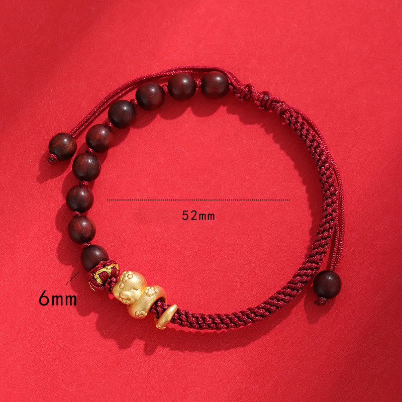 Pulsera trenzada de cuerda de algodón con cuentas de madera de ébano y sándalo rojo de hoja pequeña de Buda, año de la serpiente 999.