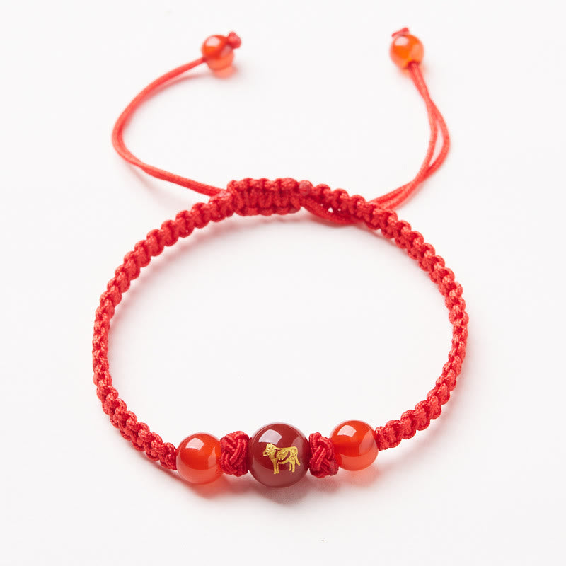 Pulsera trenzada de hilo rojo con piedras de Buda, ágata roja natural, del zodiaco chino, para proteger la suerte