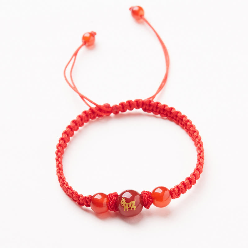 Pulsera trenzada de hilo rojo con piedras de Buda, ágata roja natural, del zodiaco chino, para proteger la suerte