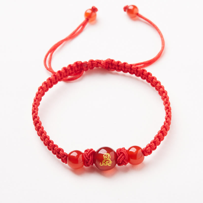 Pulsera trenzada de hilo rojo con piedras de Buda, ágata roja natural, del zodiaco chino, para proteger la suerte