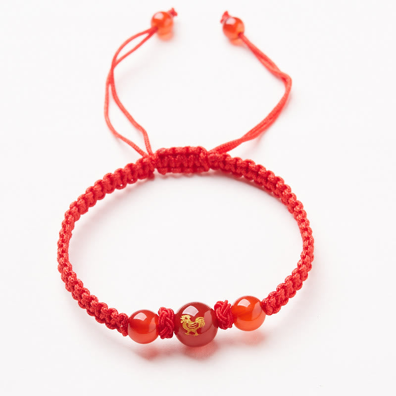Pulsera trenzada de hilo rojo con piedras de Buda, ágata roja natural, del zodiaco chino, para proteger la suerte