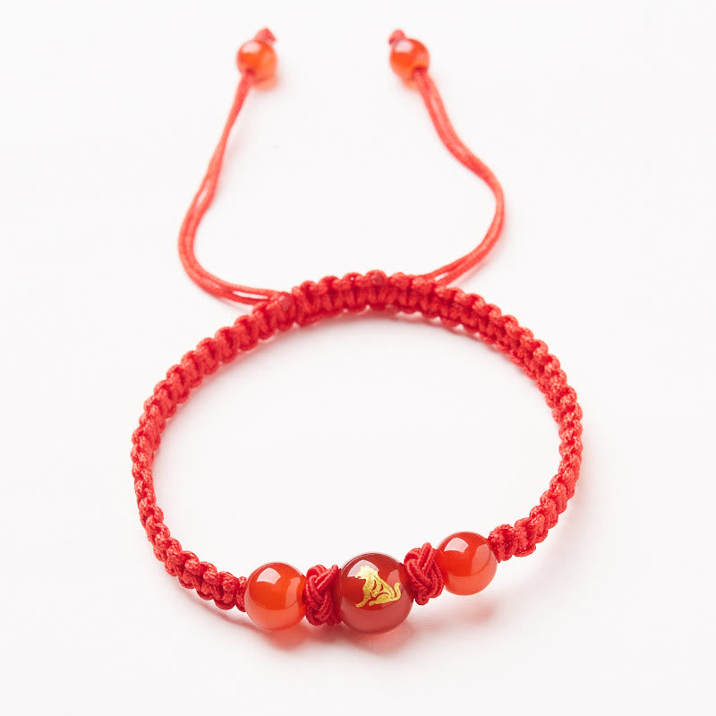 Pulsera trenzada de hilo rojo con piedras de Buda, ágata roja natural, del zodiaco chino, para proteger la suerte