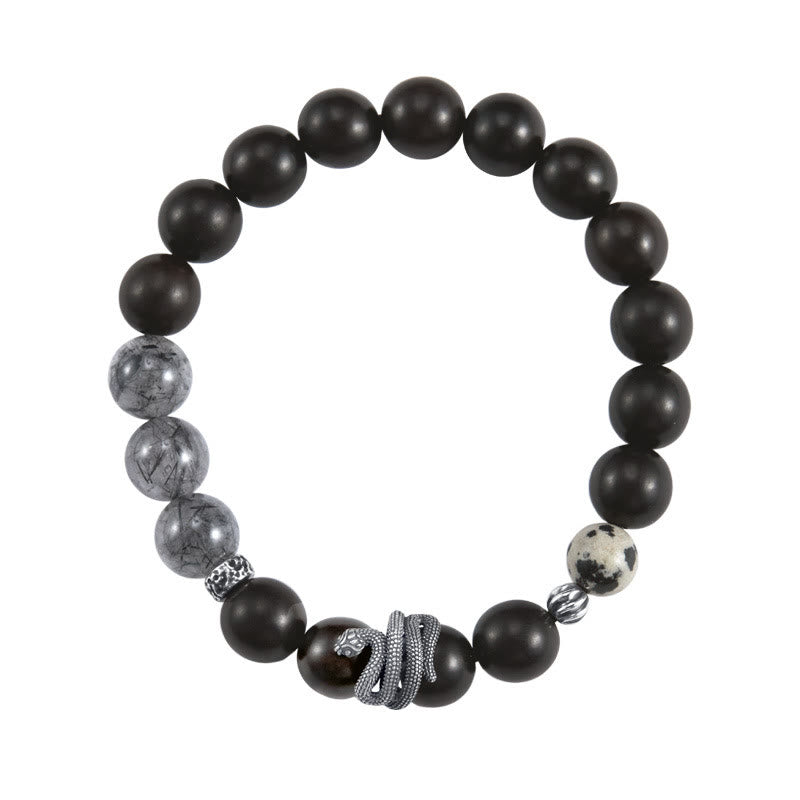 Pulsera de equilibrio del Año de la Serpiente con piedras de Buda, madera de ébano, cuarzo rutilado negro y plata de ley 925