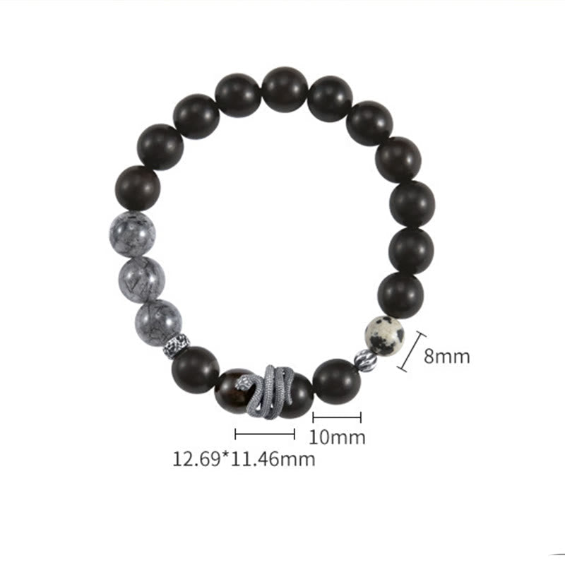 Pulsera de equilibrio del Año de la Serpiente con piedras de Buda, madera de ébano, cuarzo rutilado negro y plata de ley 925