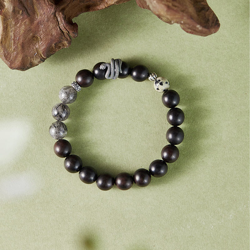Pulsera de equilibrio del Año de la Serpiente con piedras de Buda, madera de ébano, cuarzo rutilado negro y plata de ley 925