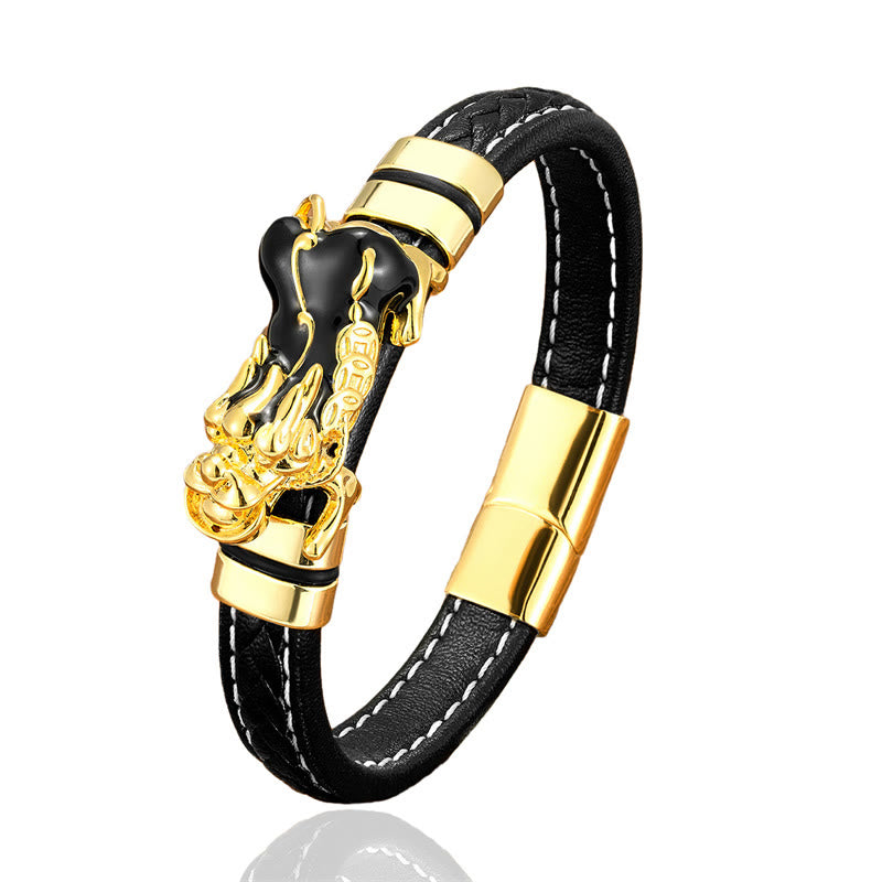 Pulsera de cuero con hebilla de riqueza, lingote de Pixiu, monedas de cobre y piedras de Buda