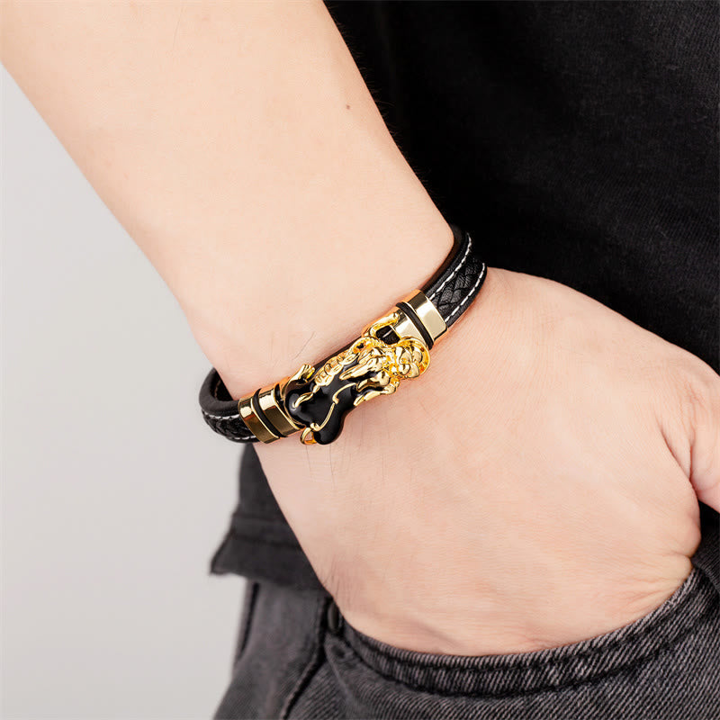 Pulsera de cuero con hebilla de riqueza, lingote de Pixiu, monedas de cobre y piedras de Buda