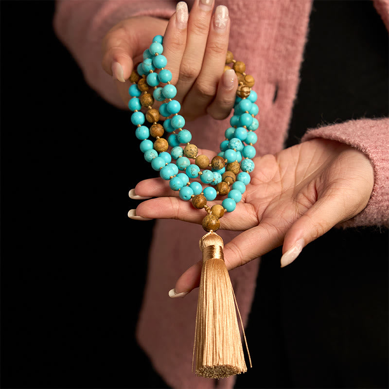 Pulsera de equilibrio con borlas de cuentas de jaspe turquesa y 108 cuentas de mala de Buda