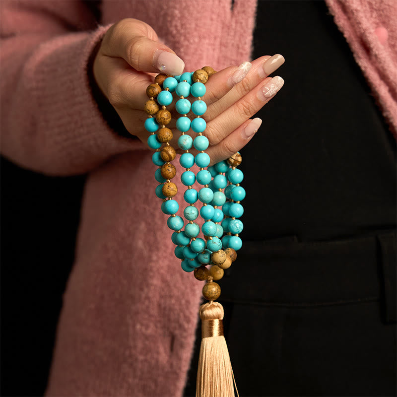 Pulsera de equilibrio con borlas de cuentas de jaspe turquesa y 108 cuentas de mala de Buda