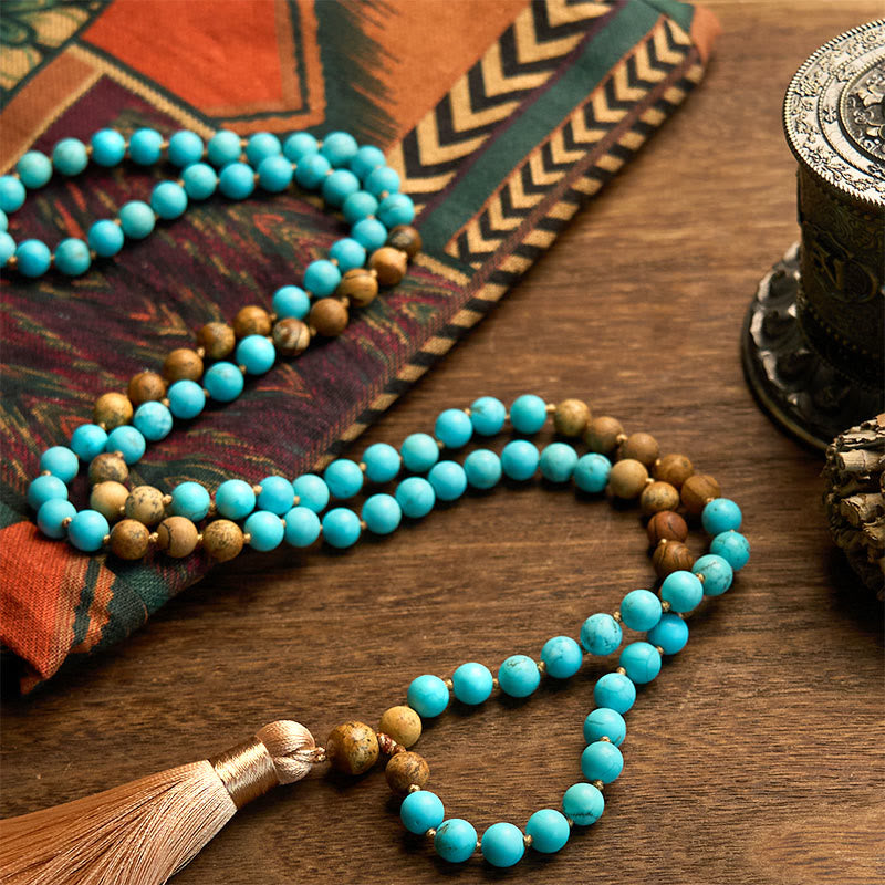 Pulsera de equilibrio con borlas de cuentas de jaspe turquesa y 108 cuentas de mala de Buda