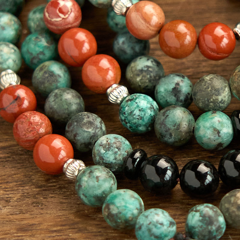 Pulsera de protección con borlas y cabeza de Buda, 108 Malas, ónix negro natural, jaspe rojo, cuentas turquesas