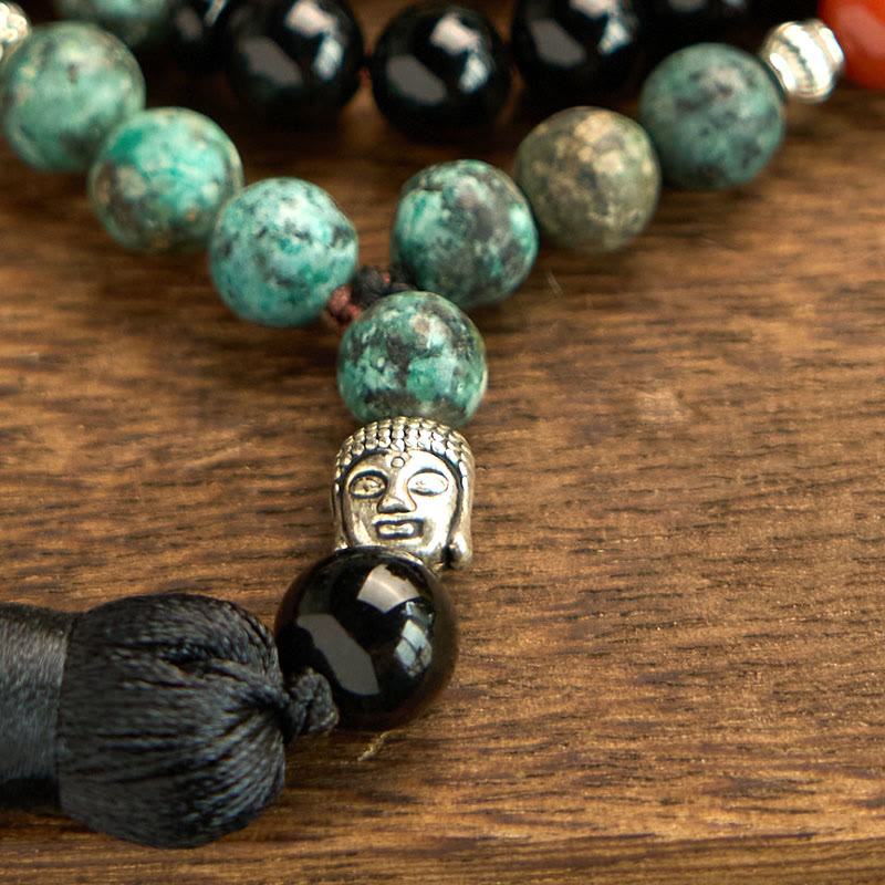 Pulsera de protección con borlas y cabeza de Buda, 108 Malas, ónix negro natural, jaspe rojo, cuentas turquesas