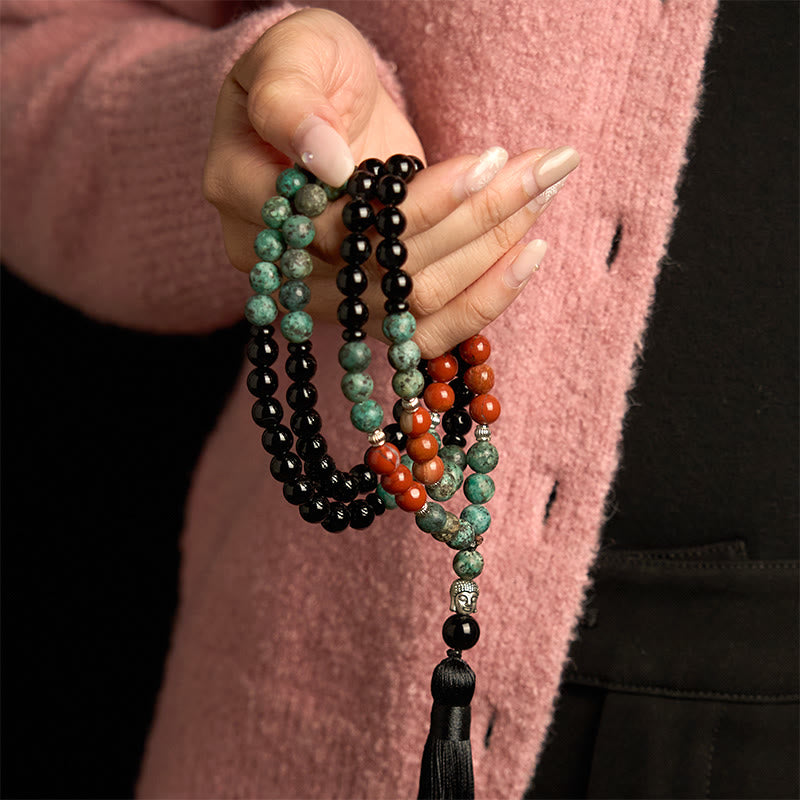Pulsera de protección con borlas y cabeza de Buda, 108 Malas, ónix negro natural, jaspe rojo, cuentas turquesas