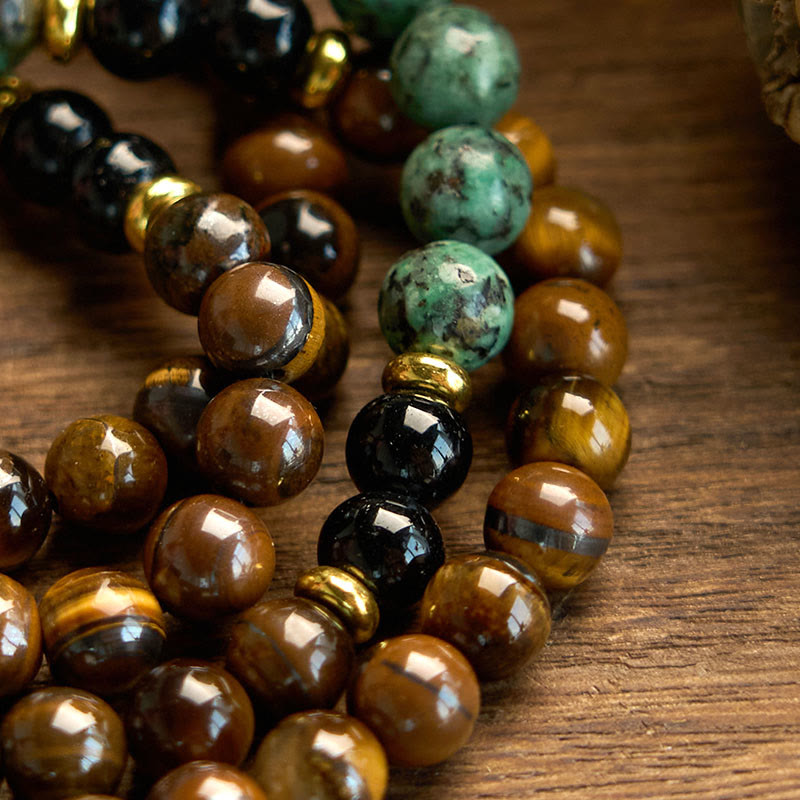 Pulsera de protección con borlas y cuentas de turquesa y ojo de tigre de piedra natural de 108 piedras de Buda