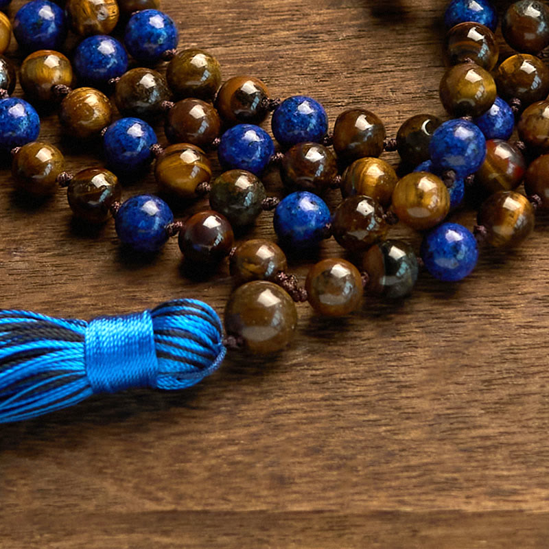 Pulsera de protección con borlas de mala de lazurita y ojo de tigre de piedra natural de 108 cuentas de Buddha Stones
