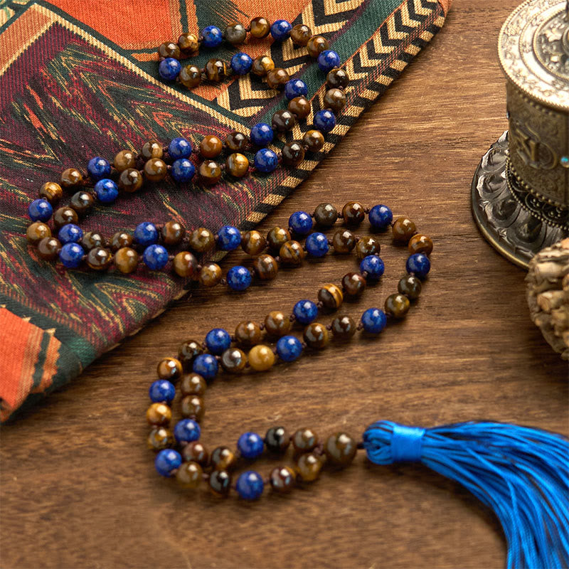Pulsera de protección con borlas de mala de lazurita y ojo de tigre de piedra natural de 108 cuentas de Buddha Stones