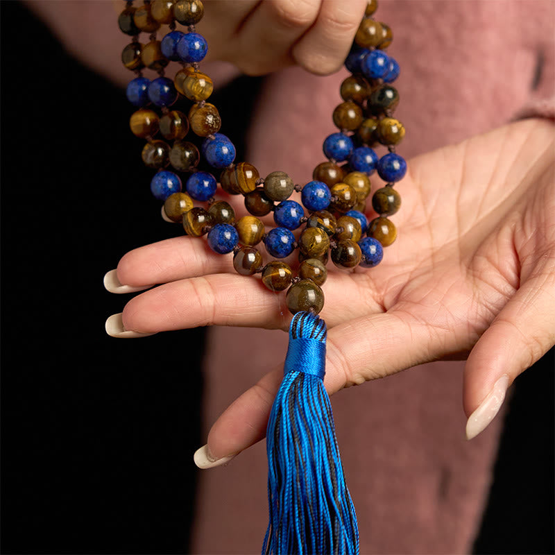 Pulsera de protección con borlas de mala de lazurita y ojo de tigre de piedra natural de 108 cuentas de Buddha Stones