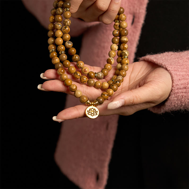 Pulsera de jaspe mala con imagen de loto y piedras de Buda con 108 cuentas