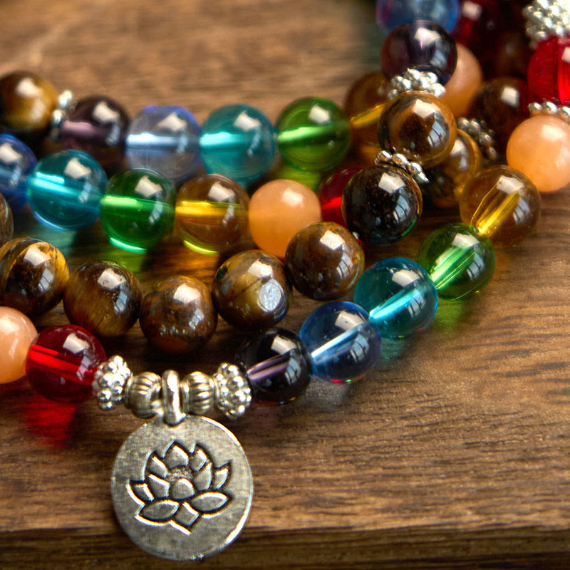 Pulsera de protección de loto con 108 cuentas de mala de piedra natural y ojo de tigre de colores.