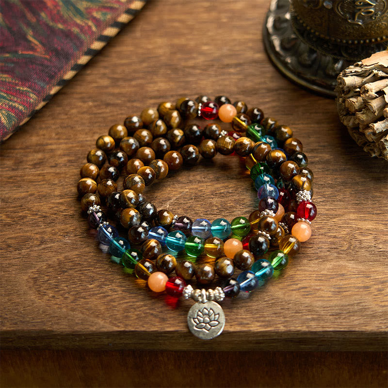 Pulsera de protección de loto con 108 cuentas de mala de piedra natural y ojo de tigre de colores.
