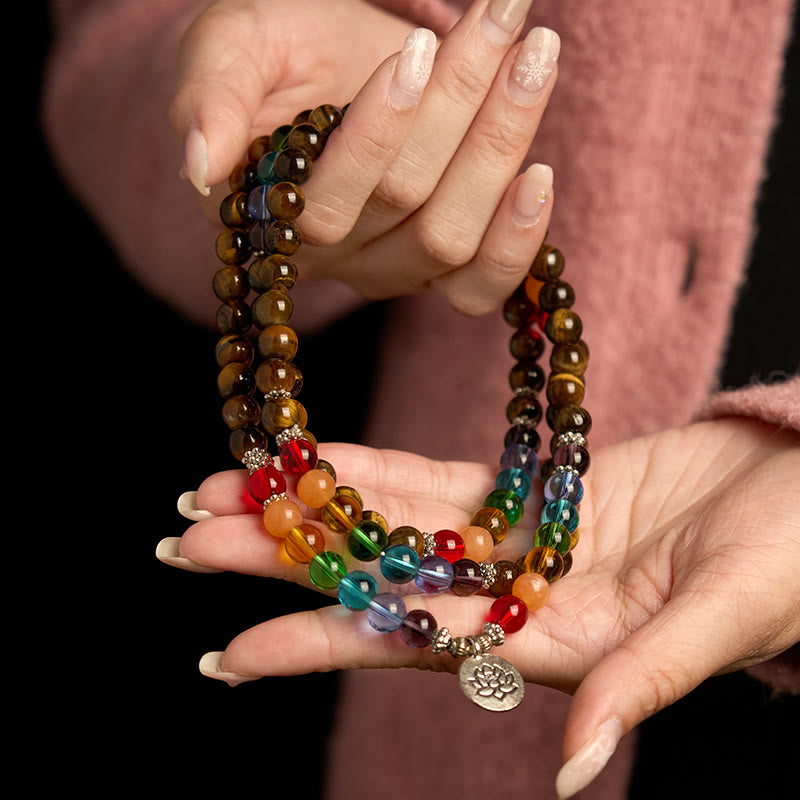 Pulsera de protección de loto con 108 cuentas de mala de piedra natural y ojo de tigre de colores.