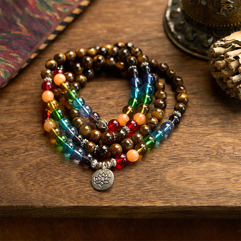 Pulsera de protección de loto con 108 cuentas de mala de piedra natural y ojo de tigre de colores.